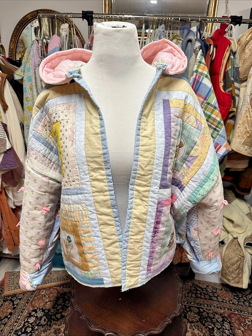 One of one quilted upcycled Patchwork Hooded Puffer Jacket